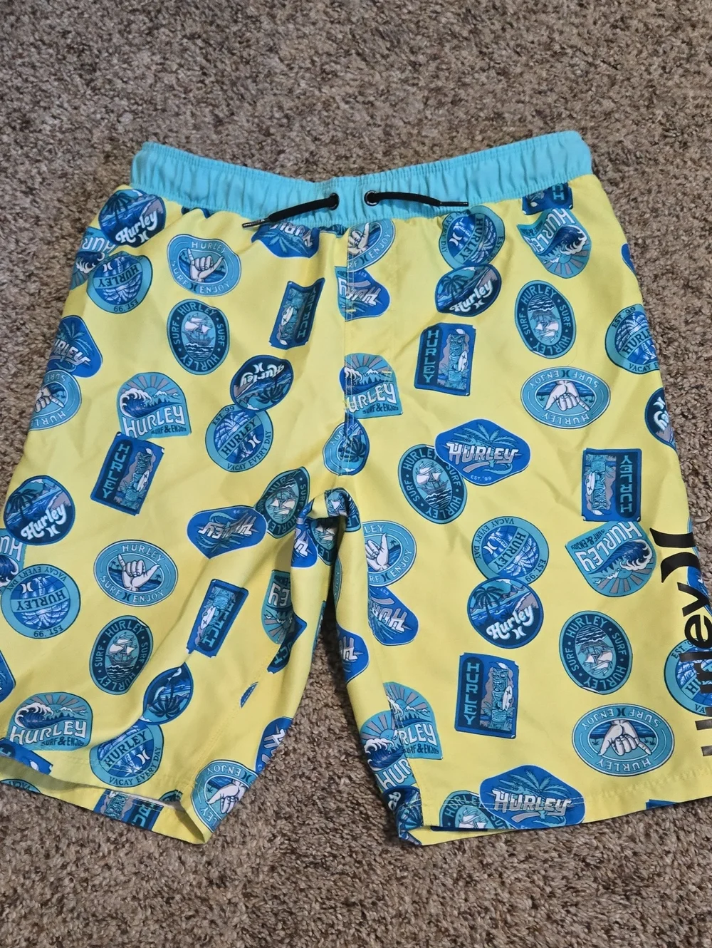 Hurley Yellow Swim Shorts with Aqua Waistband and Blue Logos
